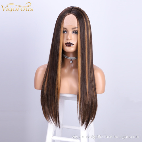 Vigorous High Quality Wig Synthetic Vendor Heat Resistant Full Fibe Wig Highlights brown Long Frontal Lace Straight hair